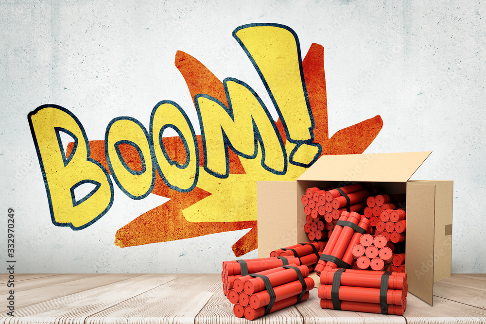 Aufkleber 3d rendering of cardboard box lying sidelong with dynamite bundles scattered out near grungy wall wi