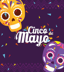 cinco de mayo poster with skulls decoration vector illustration design