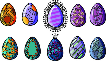 Holiday in quarantine. Happy easter isolated eggs drawn with the pattern of the branches of the caronovirus infection Coronavirus 2019-ncov flu infection. Patterns of syringes, injections, tablets,