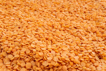 Close up view of raw coral lentils 