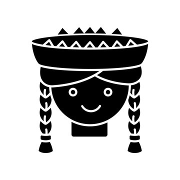Peruvian girl black glyph icon. Cute smiling woman head with braids. Young lady in traditional hat. Local Peru child. Silhouette symbol on white space. Vector isolated illustration