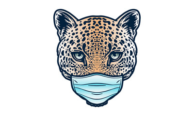Portrait of a leopard wearing medical mask. Coronavirus concept. Respiratory protection.