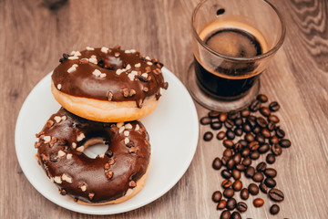 americano and chocolate donuts