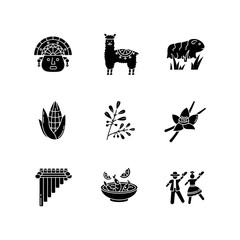 Peru black glyph icons set on white space. Hispanic history, traditions, cuisine. Incas, alpaca, guinea pig, corn, coca, vanilla, ceviche, marinera. Silhouette symbols. Vector isolated illustration © bsd studio