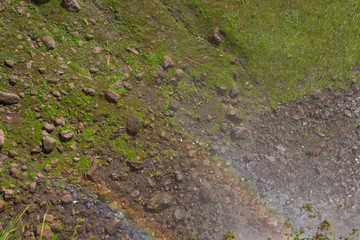 Moss and pebbles, rock texture, natural background, rainbow light