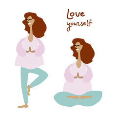 Set of flat color illustration young women doing yoga. Have a motivational inscription love yourself. Cute girl doing yoga cartoon character. Health, fitness, relaxation, healthy lifestyle