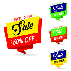 Sale banner collection, discount tag, special offer. Yellow, red, Green, Orange and Purple website stickers, web page design. Price element, Vector illustration, EPS10