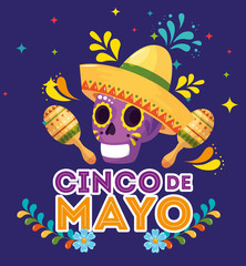 cinco de mayo poster with skull and icons decoration vector illustration design