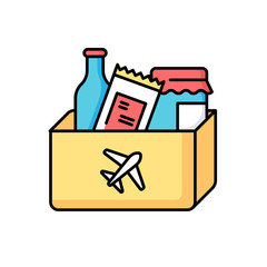 Duty free shopping RGB color icon. Products in bag from airport store. Buy vacation gift with zero taxes. Supermarket in aircraft terminal. Discount for goods. Isolated vector illustration