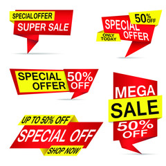 Origami Special Offer Sale Banners Set Red And Yellow Colours, 50% off Mega Sale  - Vector Format