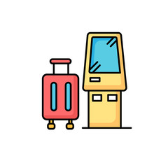 Check in kiosk RGB color icon. Self serving airport terminal. Checked luggage in aircraft. Panel machine for passenger baggage. Confirm suitcases before flight. Isolated vector illustration