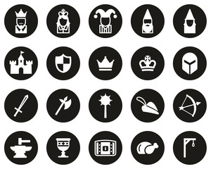 Medieval Time & Culture Icons White On Black Flat Design Circle Set Big