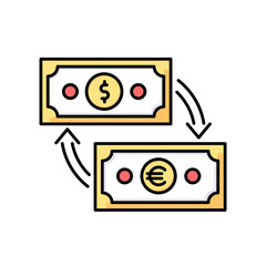 Money exchange RGB color icon. Change dollar banknote for euro. Cash payment. Finance management. Bank services. Currency value calculator. Budget planning. Isolated vector illustration