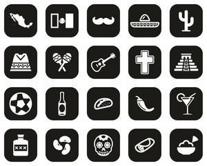Mexico Country & Culture Icons White On Black Flat Design Set Big