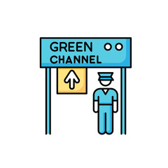 Green channel RGB color icon. Airport terminal checkpoint. Security at entrance. Guard on gate control. Boarding for departure. Open transit way. Tarmak check. Isolated vector illustration