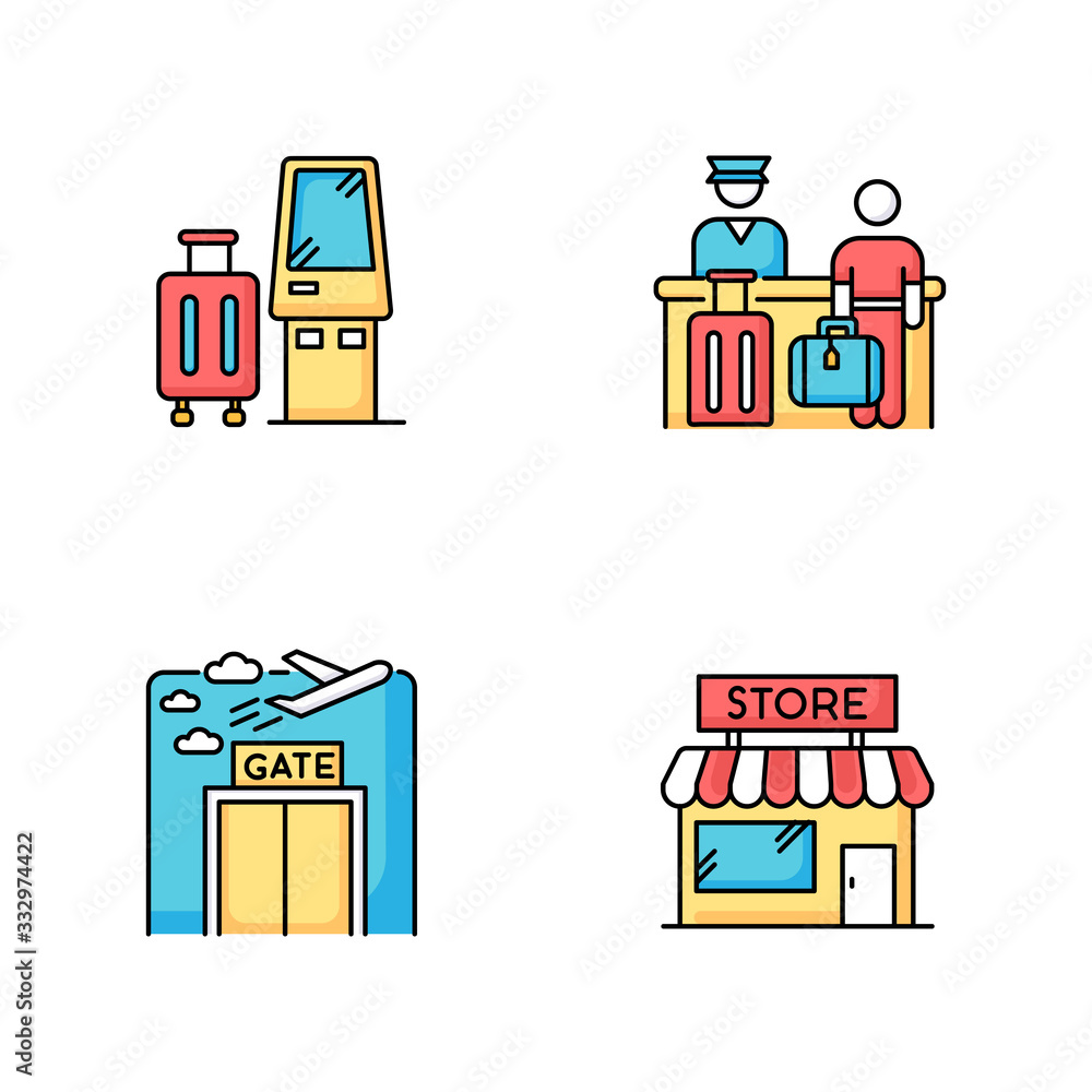 Poster airport terminal rgb color icons set. self service kiosk to check in. boarding registration desk. ga