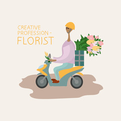 Illustration of travel, flower delivery Europe on a scooter. Flowers on a samotak. Fast flower delivery. Travel vector illustration for web sites.