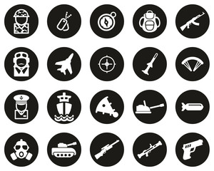 Military Or Army Icons White On Black Flat Design Circle Set Big