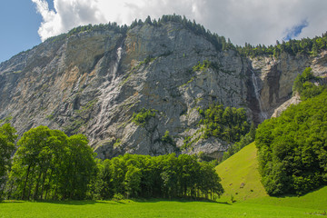 Lauterbrunnen famous waterfalls, tall cliffs close up, natural wonder
