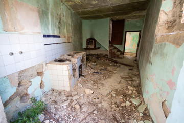 ruins of an old kitchen in the old ghost town of Romagnano al Monte, Salerno, Campania, Italy