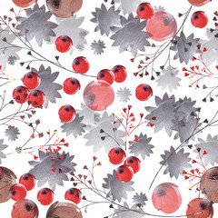 Hand drawn seamless pattern with rowan and flowers