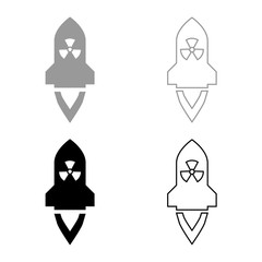 Atomic rocket flying Nuclear missile weapons Radioactive bomb Military concept icon outline set black grey color vector illustration flat style image