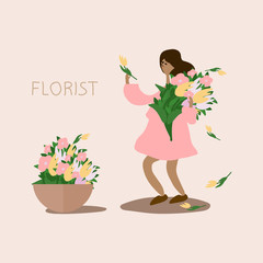 Florist is a creative profession. Bouquet, beautiful multi-colored flowers. Cache-pot. Girl collects a bouquet. Lovely flat design