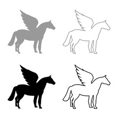 Pegasus Winged horse silhouette Mythical creature Fabulous animal icon outline set black grey color vector illustration flat style image