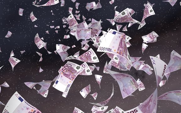 Flying euro banknotes on a outer space starry background. Money flying in the outer space. 500 EURO in color. 3D illustration