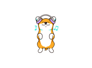 A little dog corgi, logo music love. Funny dog cartoon character, logotype, badge, sticker, emblem on white background