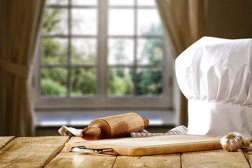 Desk of free space and cook hat . 