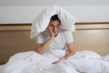 Sleep disturbance and stress. Coronavirus quarantine, Isolation. information overload man Suffering from Insomnia.