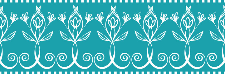 Ornate celtic seamless vector border design. Modern stylized floral blue white hand drawn illustration. Horizontal geometric swirl banner. Edging, ribbon, trim for irish, gaelic celebration concept - obrazy, fototapety, plakaty