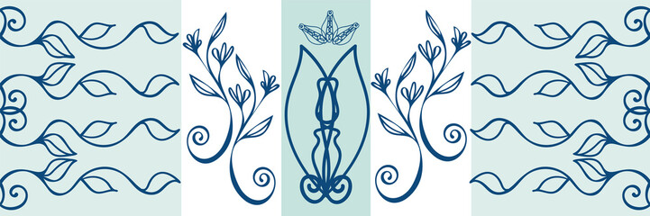 Ornate celtic seamless vector border design. Modern striped floral blue white hand drawn illustration. Horizontal geometric swirl banner. Edging, ribbon, trim for irish, gaelic celebration concept - obrazy, fototapety, plakaty