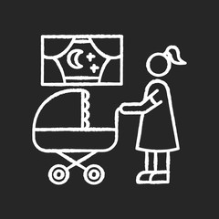 Night time nanny chalk white icon on black background. Mother with baby in stroller. Mom look for sleeping kid. Parenthood and motherhood. Child care. Isolated vector chalkboard illustration