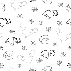Vector background. Seamless pattern with winter hat mug and mittens. Warm winter hat mug and mittens in doodle style. Vector hand drawn illustration