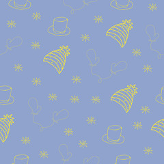 Vector background. Seamless pattern with winter hat mug and mittens. Warm winter hat mug and mittens in doodle style. Vector hand drawn illustration