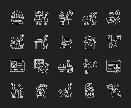 Babysitter service chalk white icons set on black background. Night time nanny for infant kid. Full and part time child care. Pet sitting. Social worker. Isolated vector chalkboard illustrations