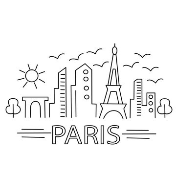 Vector illustration in line art style on a white background with the image of the city silhouette and the inscription Paris. For the design of posters, cards, prints on covers of notebooks, textiles
