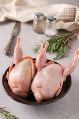 Two fresh organic quails on a plate on a gray background, Vertical format