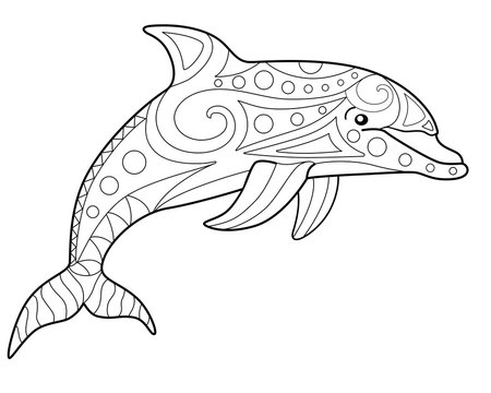 Bottlenose dolphin - antistress coloring book - vector linear picture for coloring. Sea animal - bottlenose dolphin - antistress for marine coloring book. Outline. Hand drawing.