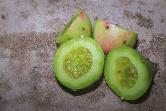 (Opuntia) prickly pear fruit cut and being prepared to be eaten, Uganda, Africa