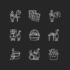 Babysitter service chalk white icons set on black background. Part time job. Around clock babysitting. Photo report of kid. Night time nanny. Household duty. Isolated vector chalkboard illustrations