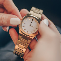 Stylish elegant watch on woman hand