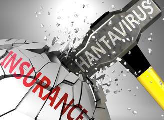 Insurance and hantavirus, symbolized by virus destroying word Insurance to picture that hantavirus affects Insurance and leads to crisis and  recession, 3d illustration