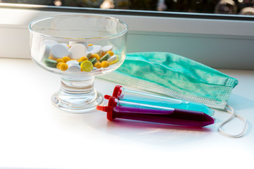 Centrifuge tubes with blue and red substance similar to a medicine or vaccine