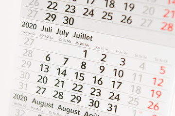 Calendar planner for the month July 2020