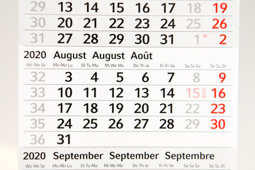 Calendar planner for the month August 2020