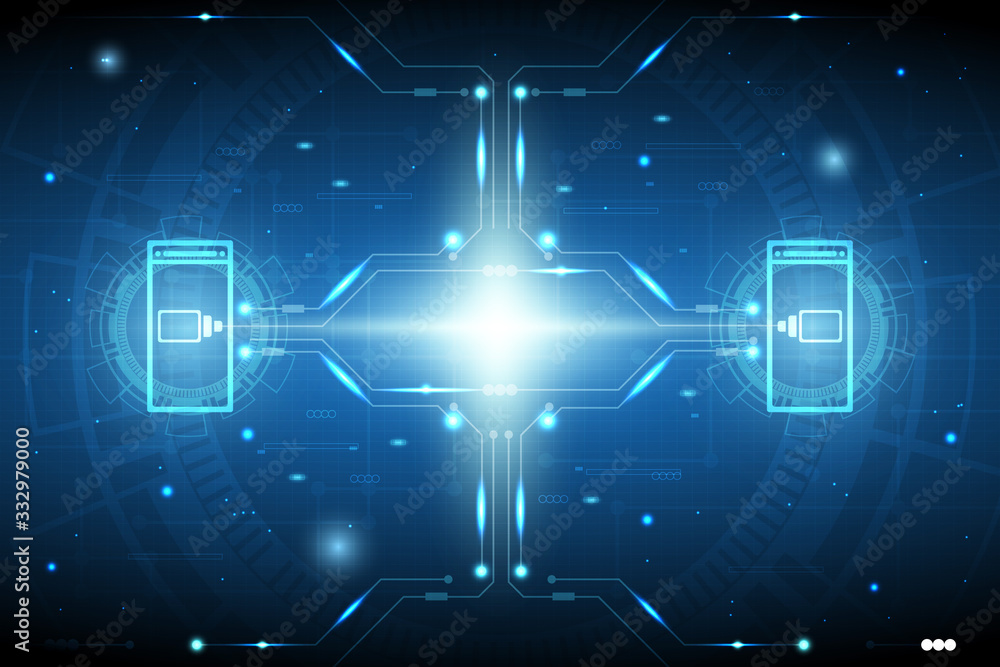 Poster concept technology background with glowing mobile phone and battery icon, circuit pattern and sparkl