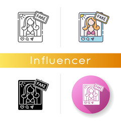 Fake influencer icon. Fraud blogger profile. Mislead with photo in account. Deception with social media page. Female model. Linear black and RGB color styles. Isolated vector illustrations